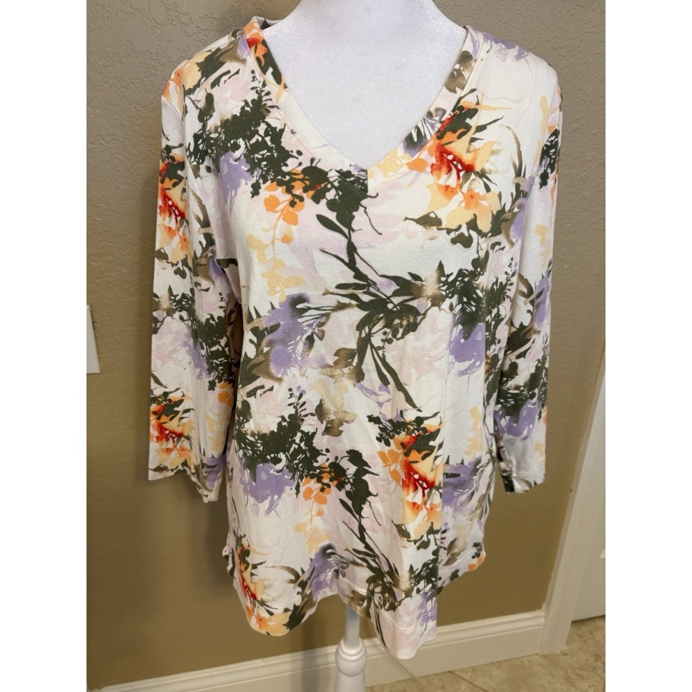 Chicos Floral 3/4 Sleeve 100% Pima Cotton Tee, Size 2, Large
